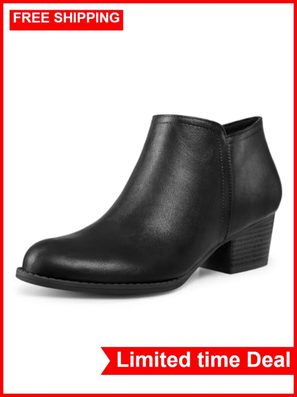 Women's Ankle Boots Low Chunky Stacked Heel Booties with Side Zip